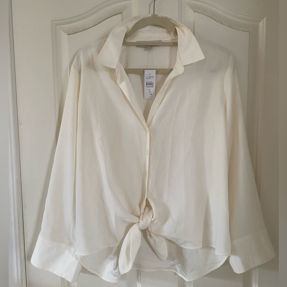 LOFT Cream Very Loose Fit Blouse with Tie Front and Notched Collar